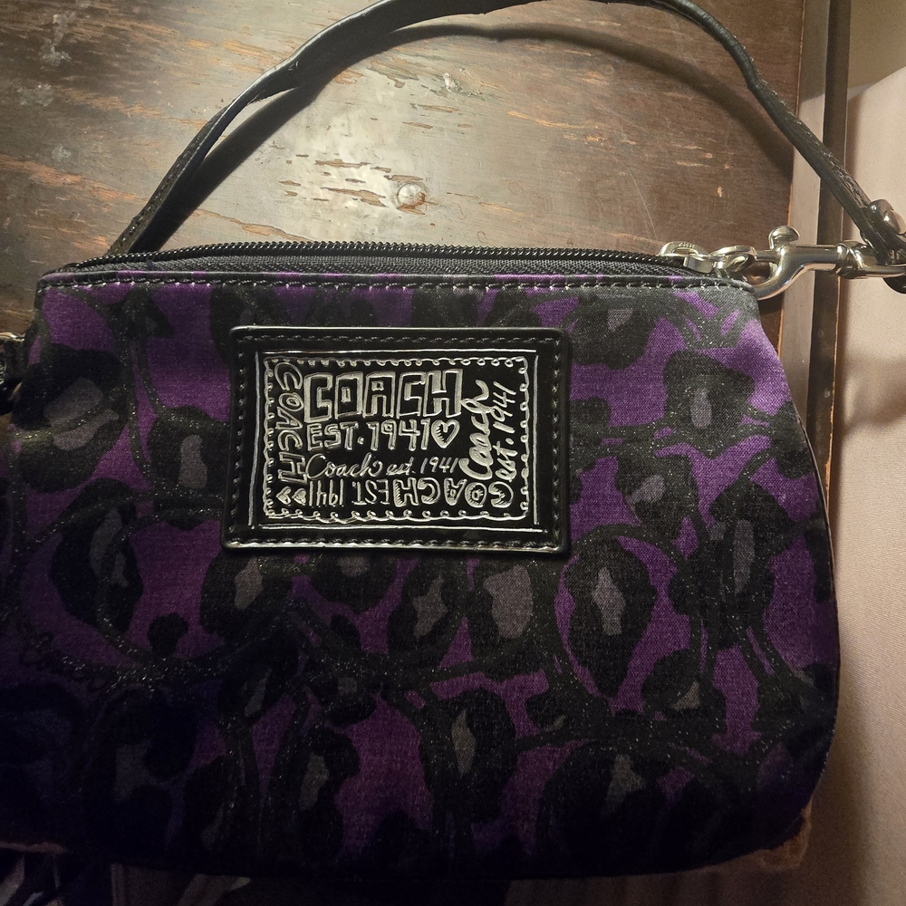 Coach Purple and Black Floral Wristlet Clutch